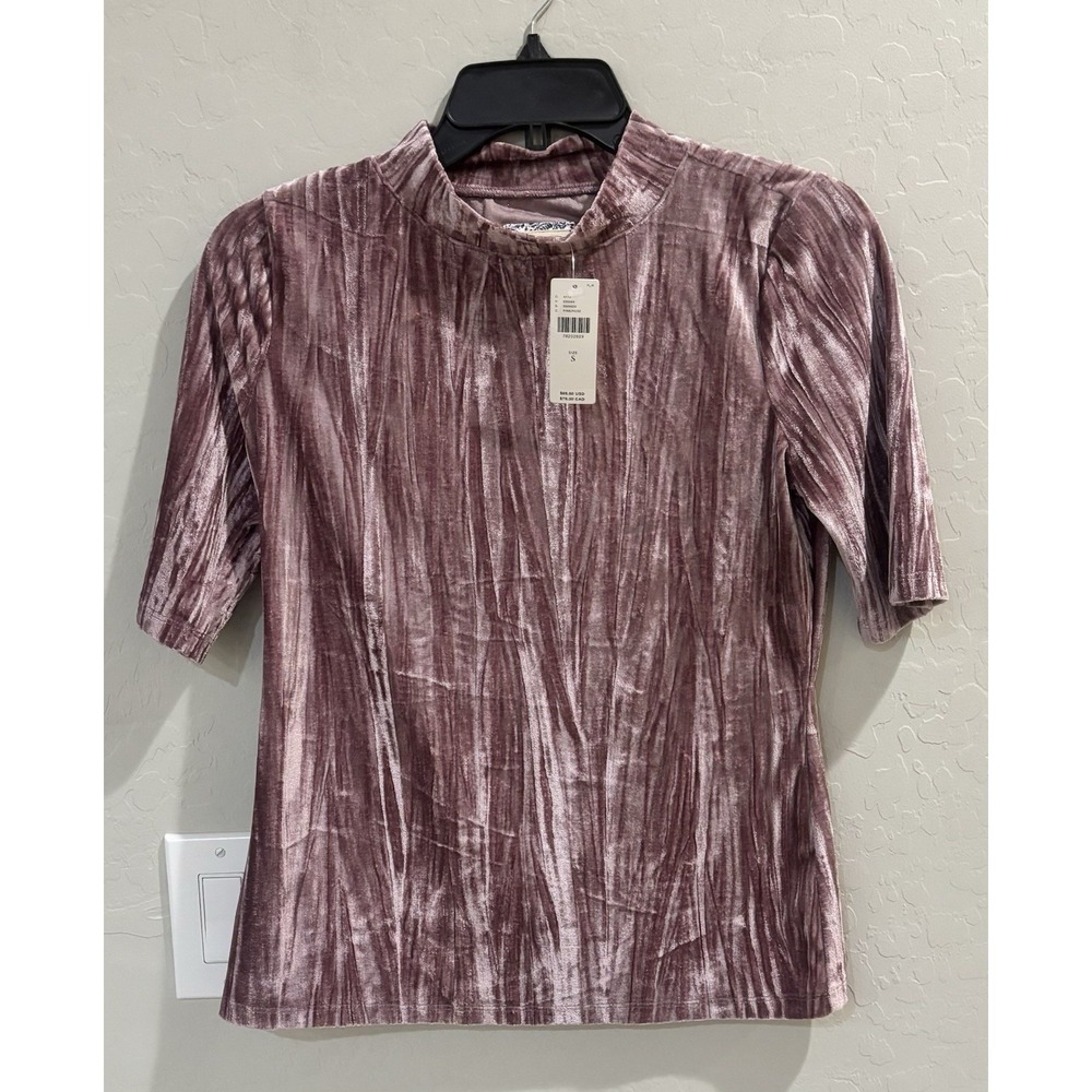 Pilcro Anthropologie Crushed Velvet Blouse SZ SMALL Mock Neck Dusty Rose